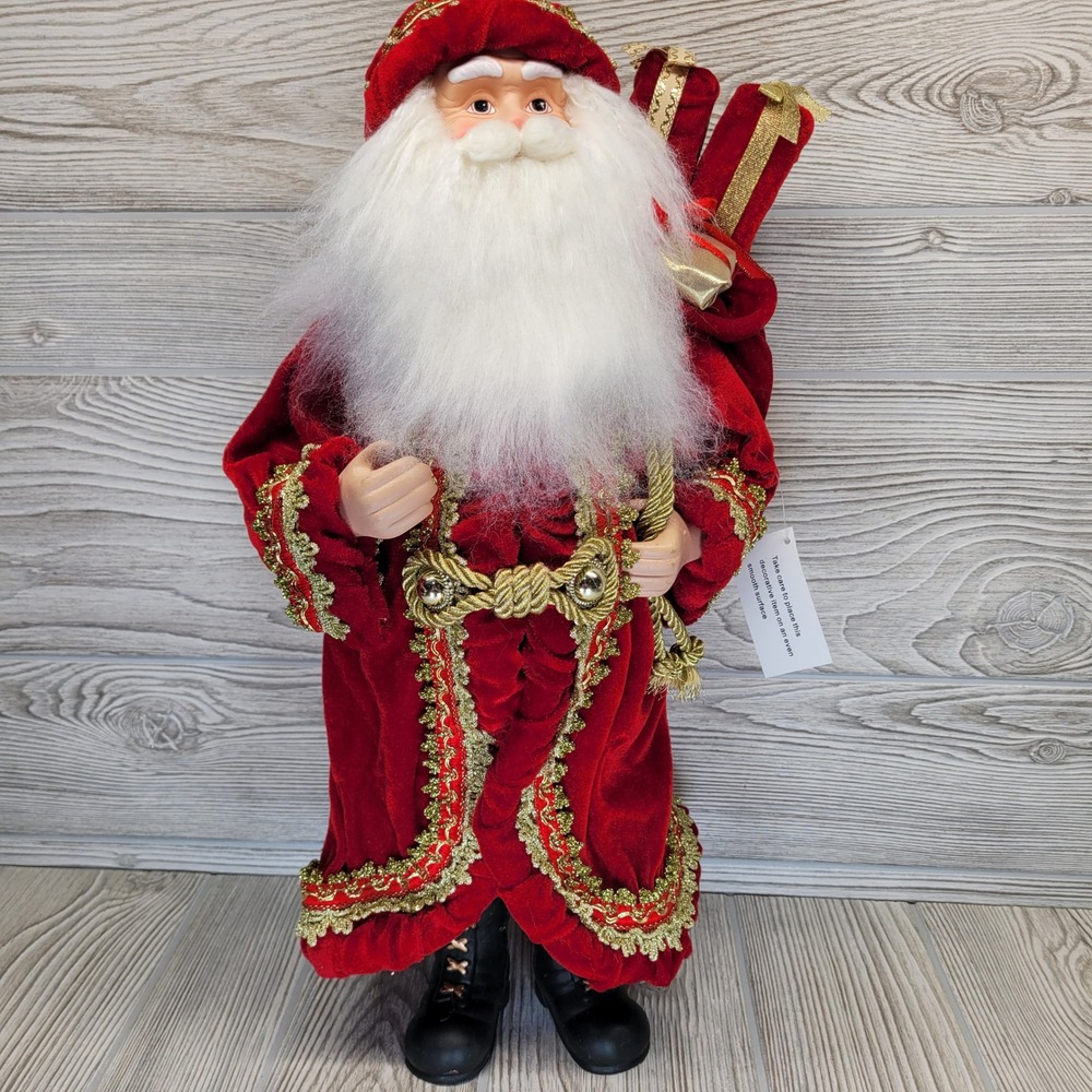 Santa Claus Figurine Red Velvet Gold Trim Traditional Holiday St Nick Sack Gifts